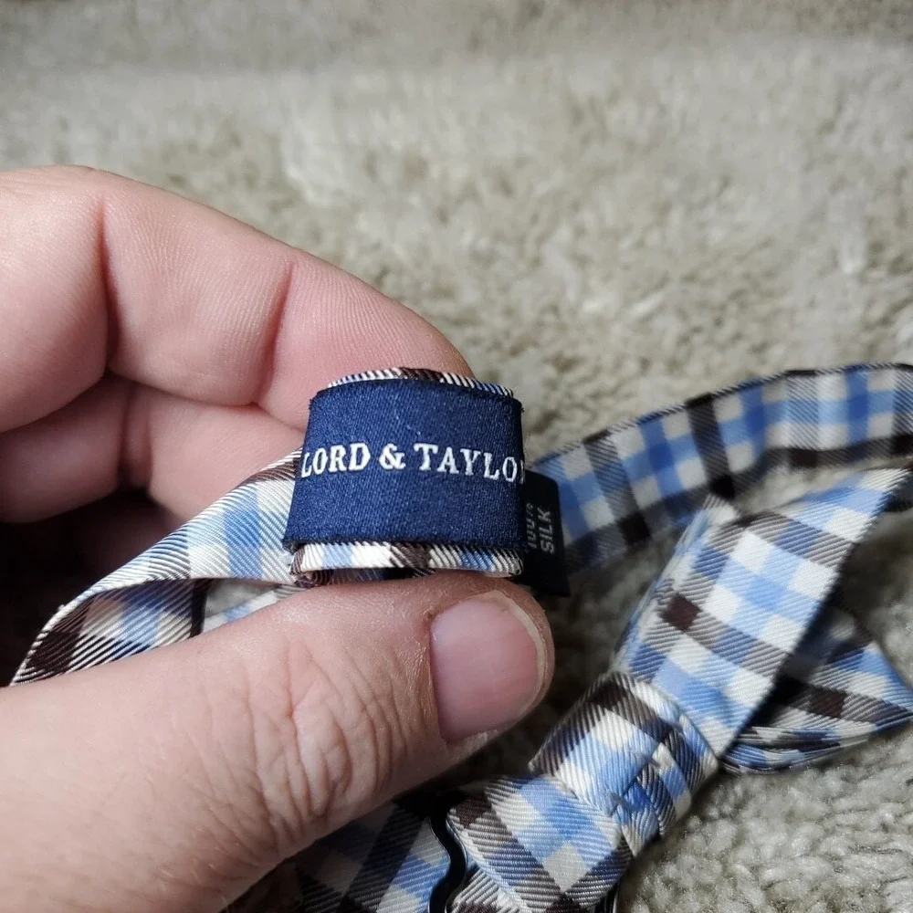 Lord & Taylor Boys Bow Tie Blue Brown Gingham Check Silk Formal Wedding Dress